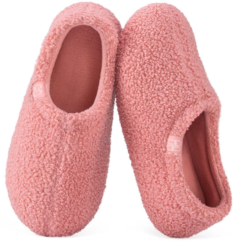 HomeTop Women's Fuzzy Curly Fur Memory Foam Loafer Slippers Bedroom House Shoes with Polar Fleece Lining (9-10, Pink) - Image 1